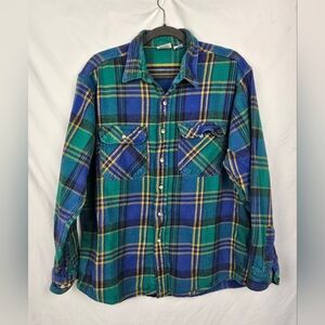 Five Brother Vintage Flannel Shirt Men's sz XL Blue Green Plaid Chore Work